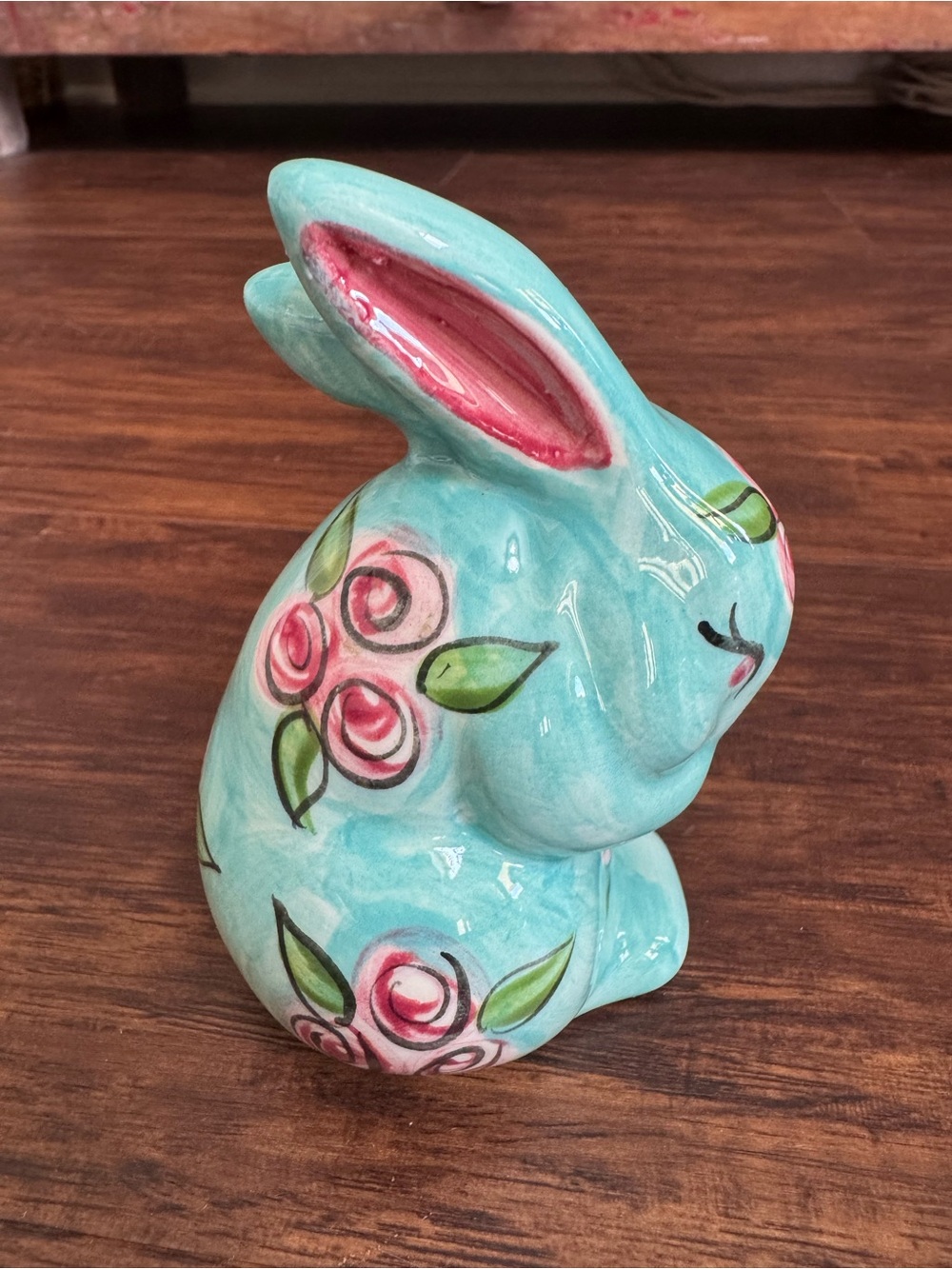 Vicki Carroll Hand-Painted Turquoise Ceramic Bunny w/Pink Floral Accents vintage